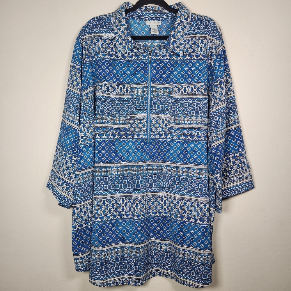 Catherines Womens 3X Blue White Quarter-Zip Popover Top Abstract Geometric Artsy